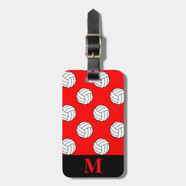 Monogram Black White Volleyball Balls, Red Luggage Tag (Front Vertical)