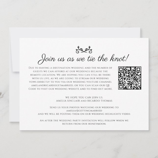 Monogram black white wedding live stream QR code Announcement (Back)