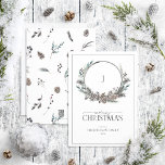 Monogram Black Winter Berry Wreath Merry Christmas Holiday Card<br><div class="desc">What better way to spread holiday cheer than with our Monogram Black Winter Berry Wreath Merry Christmas Holiday Card? This beautiful card features a modern, black and white wreath adorned with botanical elements like pine cones and berries framing your monogram. The word "Merry" is elegantly written in a script font,...</div>