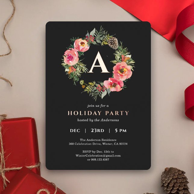 Monogram Black Wreath Botanical Christmas Party  Foil Holiday Card (Creator Uploaded)