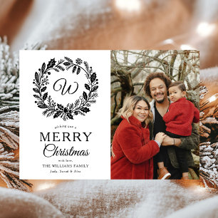 Monogram Black Wreath Merry Christmas Photo Holiday Card
