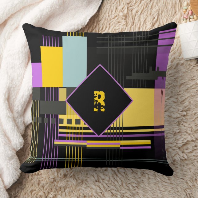 Monogram Black Yellow Geometric Shapes Throw Pillow (Blanket)