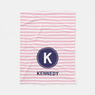 Monogram Blanket Pastel Pink Stripes and Navy Blue