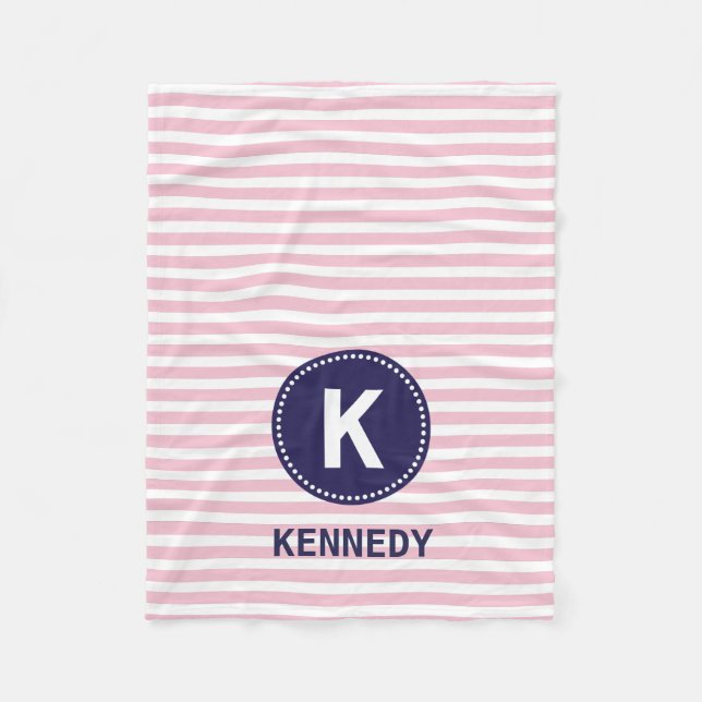 Monogram Blanket Pastel Pink Stripes and Navy Blue (Front)