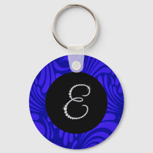 Monogram Bling Letter E Blue Swirl Background Keychain