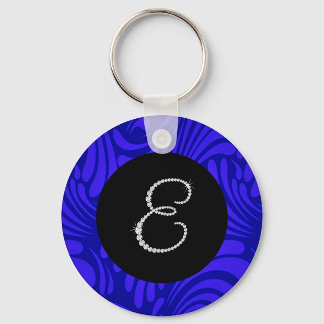 Monogram Bling Letter E Blue Swirl Background Keychain (Front)
