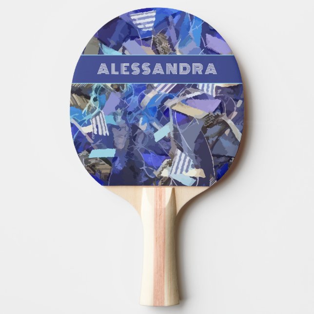Monogram blue abstract pattern stripe purple white ping pong paddle (Front)