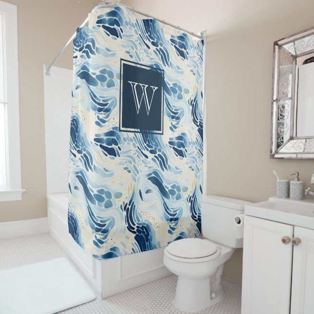 Monogram Blue Abstract Waves Beach Pattern Shower (In Situ)