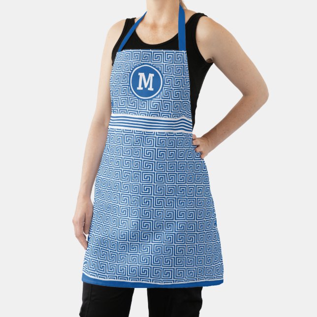 Monogram Blue Ancient Greek Key Meander Pattern Apron (Insitu)