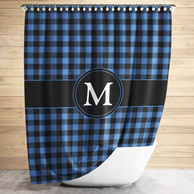 Monogram Blue And Black Plaid Chequered Pattern (Modern Monogram Blue Plaid Shower Curtain)