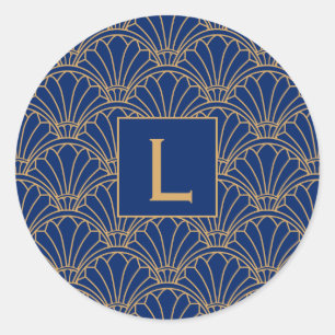 Monogram Blue and Gold Art Deco Fan Flowers Motif Classic Round Sticker