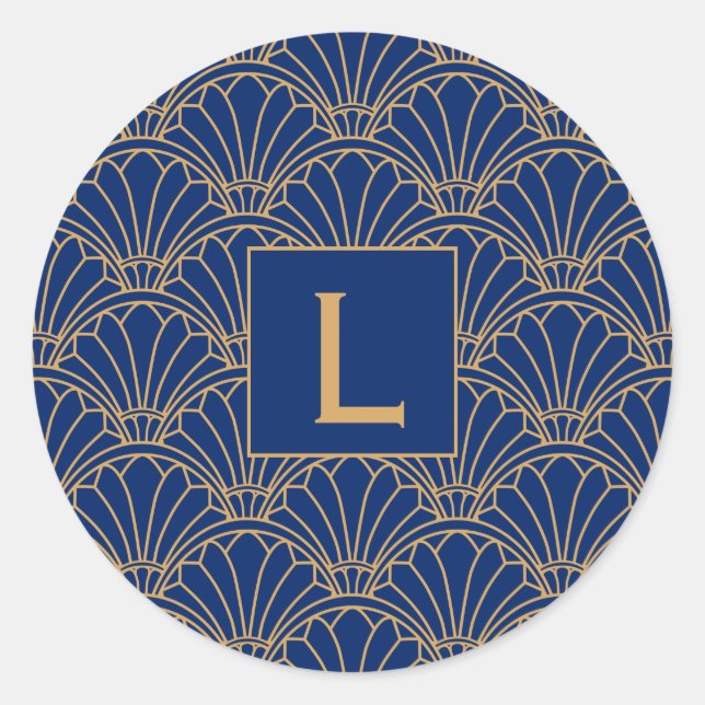 Monogram Blue and Gold Art Deco Fan Flowers Motif Classic Round Sticker (Front)