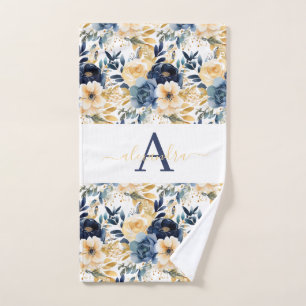 Monogram Blue and Gold Floral Elegant Towel Set
