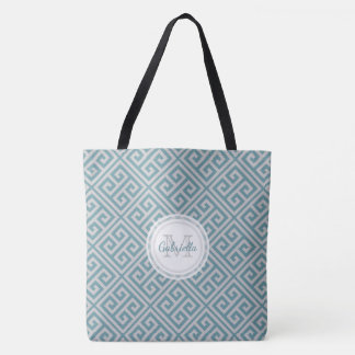 Monogram Blue And Grey Bold Greek Key Motif Tote Bag