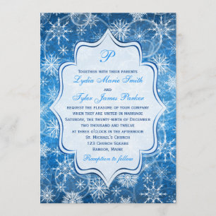 Monogram Blue and White Snowflakes Wedding Invite