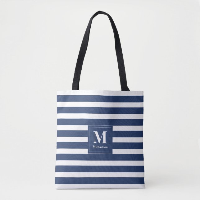 Monogram Blue and White Stripe Tote Bag (Front)