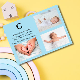 Monogram Blue Baby Boy Birth Announcement Card
