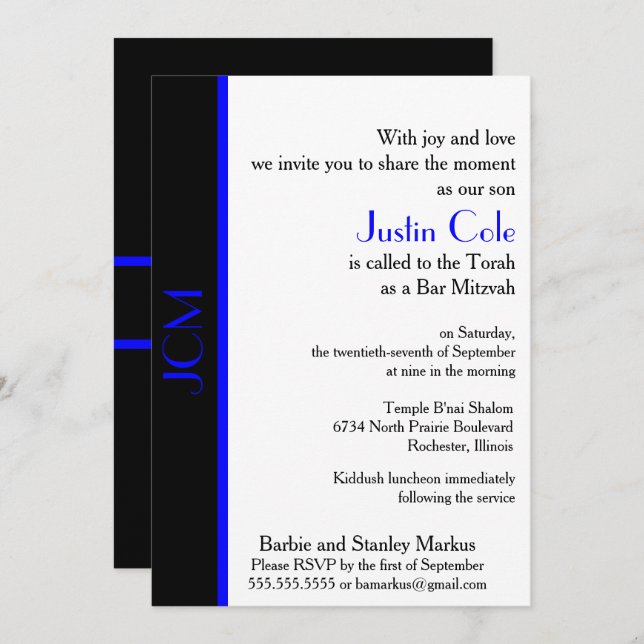 Monogram Blue Black Bar Mitzvah Invitation (Front/Back)