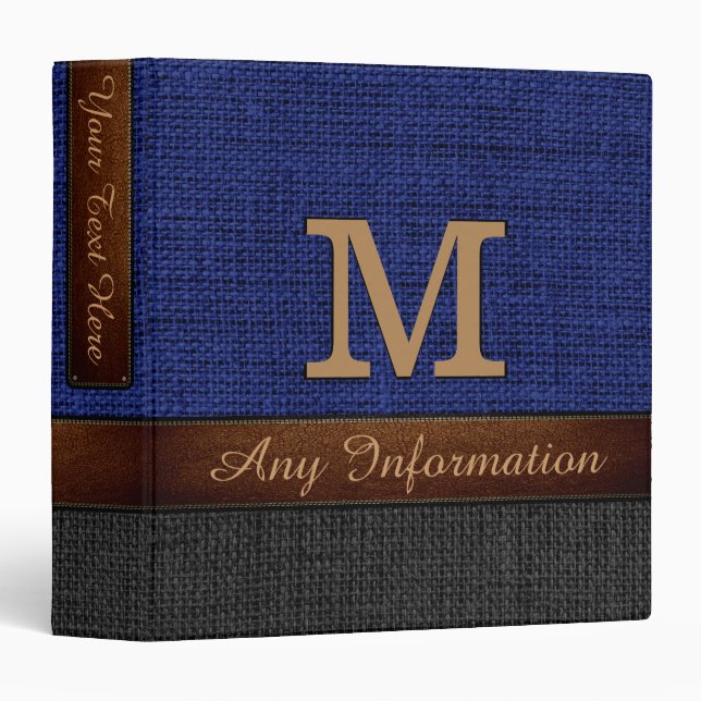 Monogram Blue & Black Burlap Rustic Jute Binder (Front/Spine)