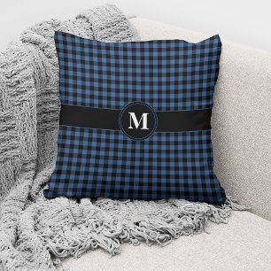Monogram Blue & Black Gingham Plaid Checks Pattern Throw Pillow