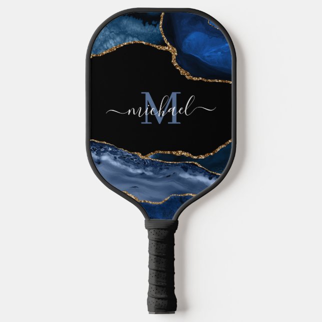 Monogram Blue, Black & Gold Agate Pickleball Paddle (Front)
