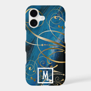 Monogram Blue Black Paint Gold Swirls Flourishes