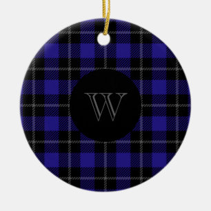 Monogram Blue Black Plaid Ceramic Ornament