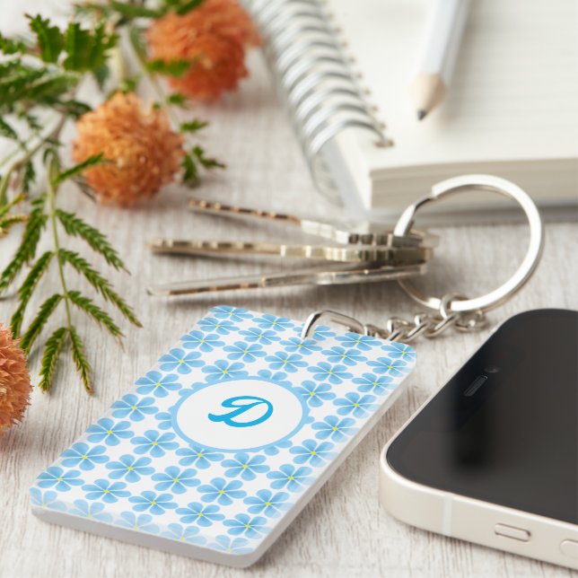 monogram blue botanical initial custom keychain (Front Right)