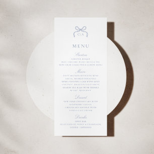 Monogram Blue Bow Wedding Menu Card
