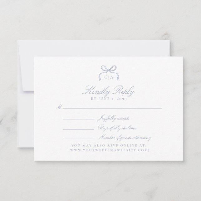 Monogram Blue Bow Wedding RSVP Card (Front)