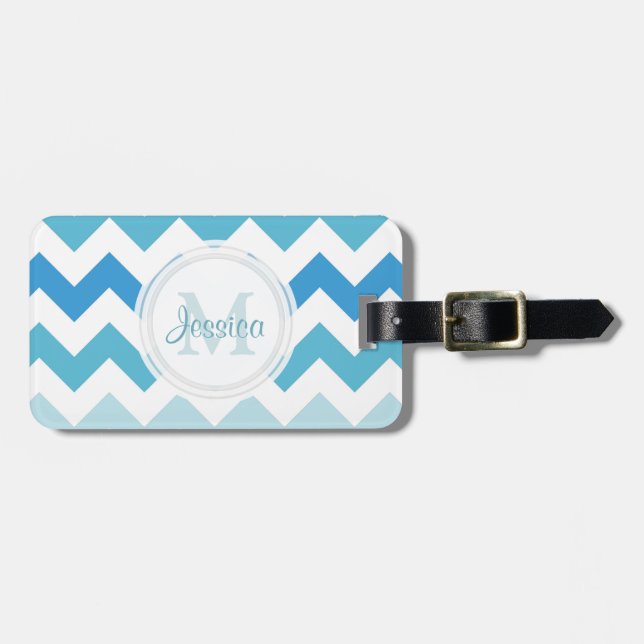 Monogram Blue Chevron Luggage Tag (Front Horizontal)