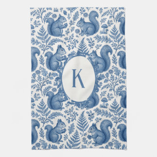 Monogram Blue Chinoiserie Squirrel Woodland Kitchen Towel