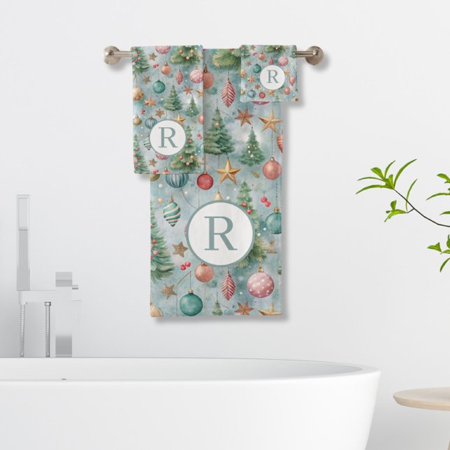 Monogram Blue Christmas Bath Towel Set (Creator Uploaded)