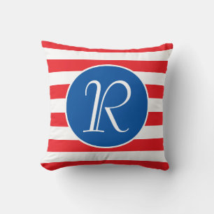 Monogram Blue Circle   Red & White Stripe Throw Pillow