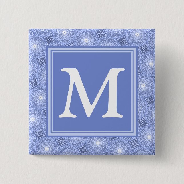 monogram blue circles pattern 2 inch square button (Front)