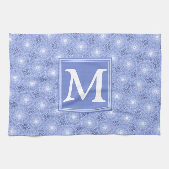 Monogram blue circles pattern kitchen towel (Horizontal)