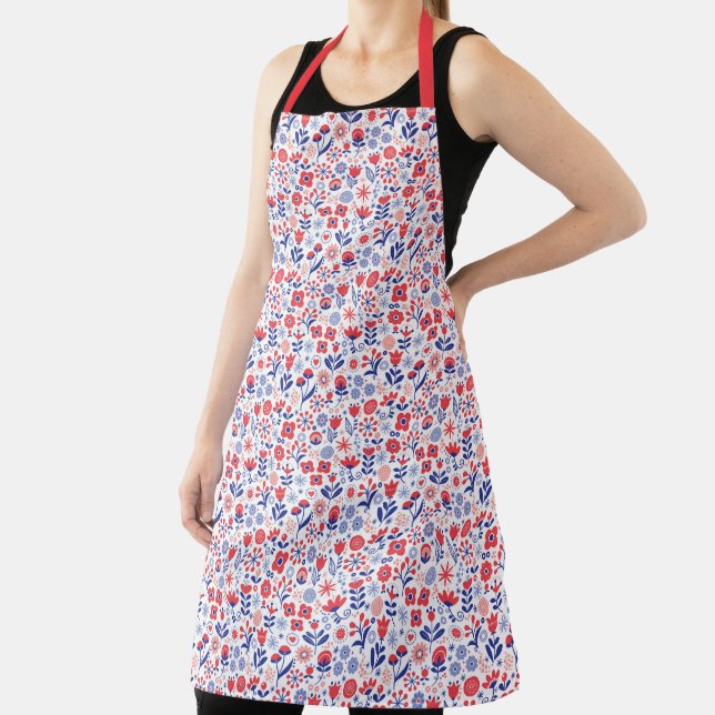 Monogram | Blue & Coral Floral Pattern Apron (Insitu)