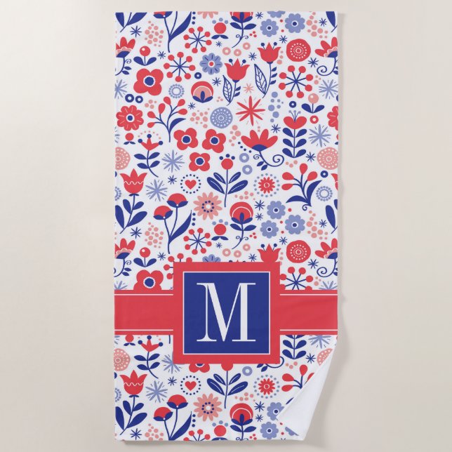 Monogram | Blue & Coral Floral Pattern Beach Towel (Front)
