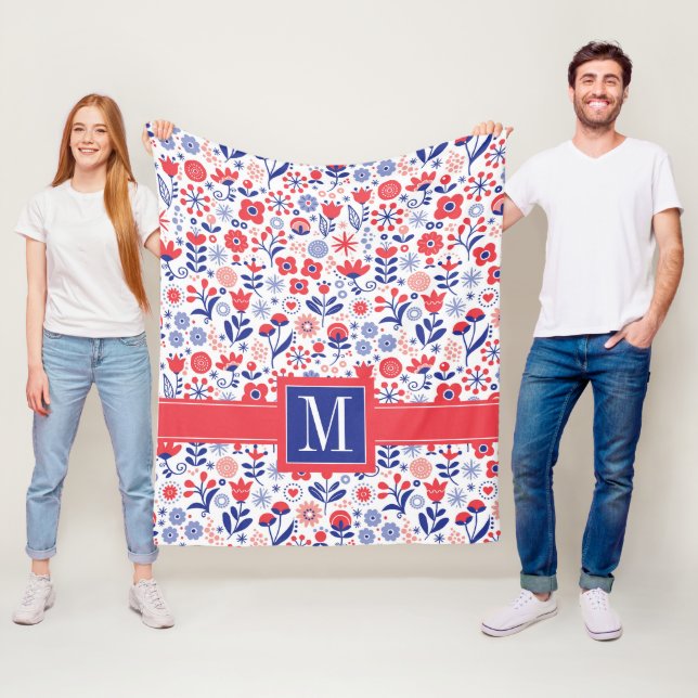 Monogram | Blue & Coral Floral Pattern Fleece Blanket (In Situ)