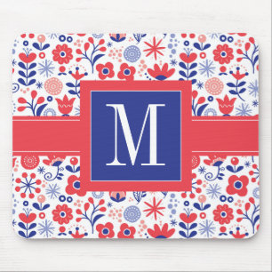 Monogram Blue & Coral Floral Pattern Mouse Pad