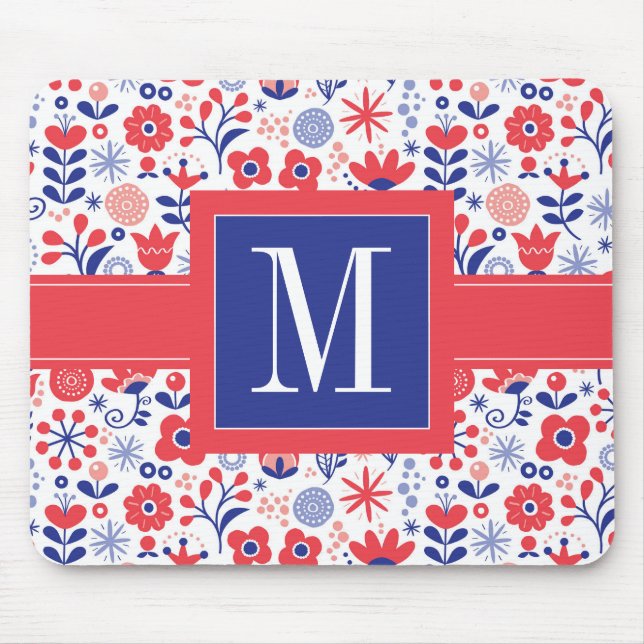 Monogram | Blue & Coral Floral Pattern Mouse Pad (Front)