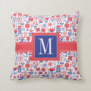 Monogram Blue & Coral Floral Pattern Throw Pillow