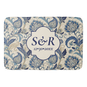 Monogram Blue & Cream Damask Floral Wedding Bath Mat