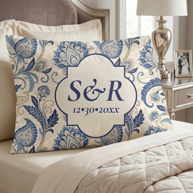 Monogram Blue & Cream Damask Floral Wedding Pillowcase (Creator Uploaded)
