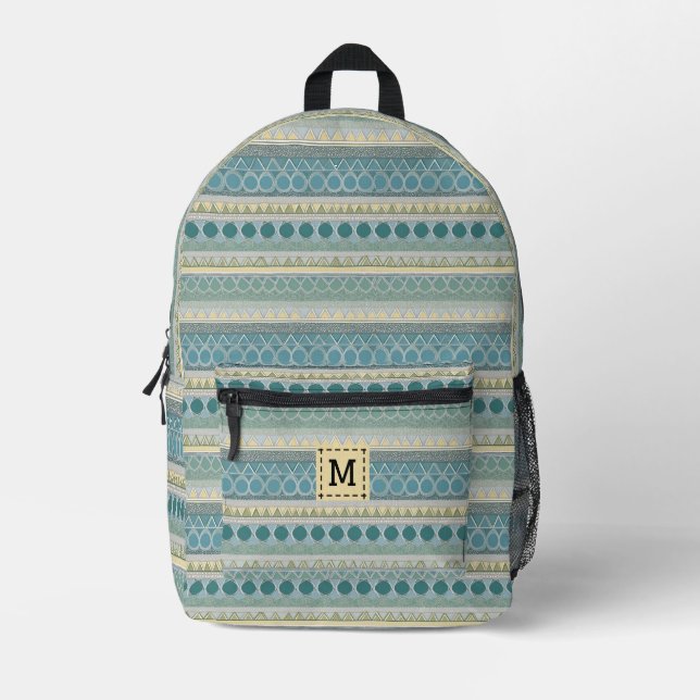 Monogram Blue Cream Ocean Patterned Stylish Modern Printed Backpack (Front)