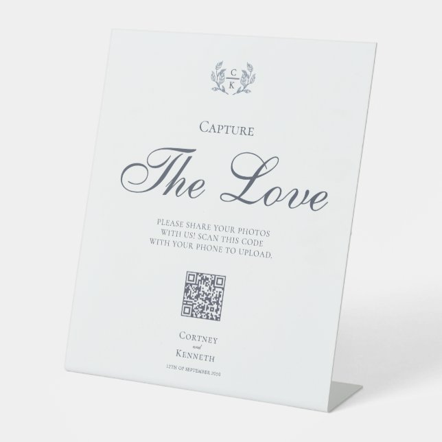 Monogram Blue Crest Wedding Capture The Love Pedestal Sign (Front)