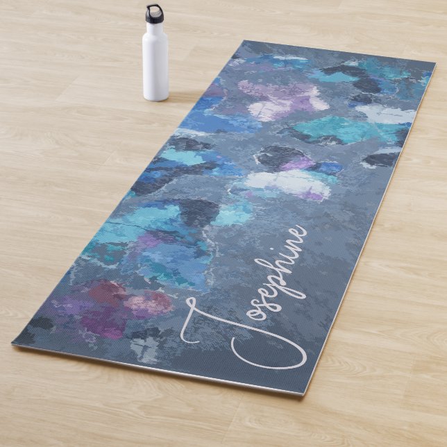 Monogram blue cyan purple butterfly pattern yoga mat (In Situ)
