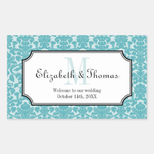 Monogram blue damask frame out of town gift bag sticker