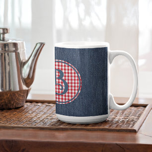 Monogram, Blue Denim Red White Check 15oz Coffee Mug