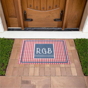 Monogram Blue Denim Red White Check Pattern Doormat